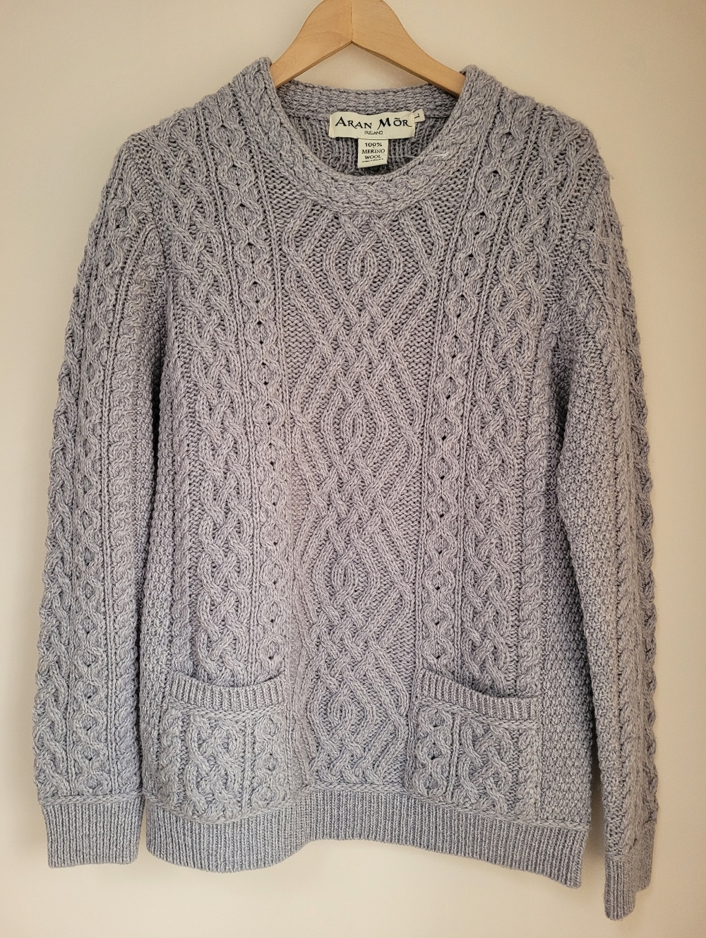 NEW Aran Mor 100% Merino Wool Textured Cable Knit Crewneck Sweater With Pockets - Picture 2 of 12